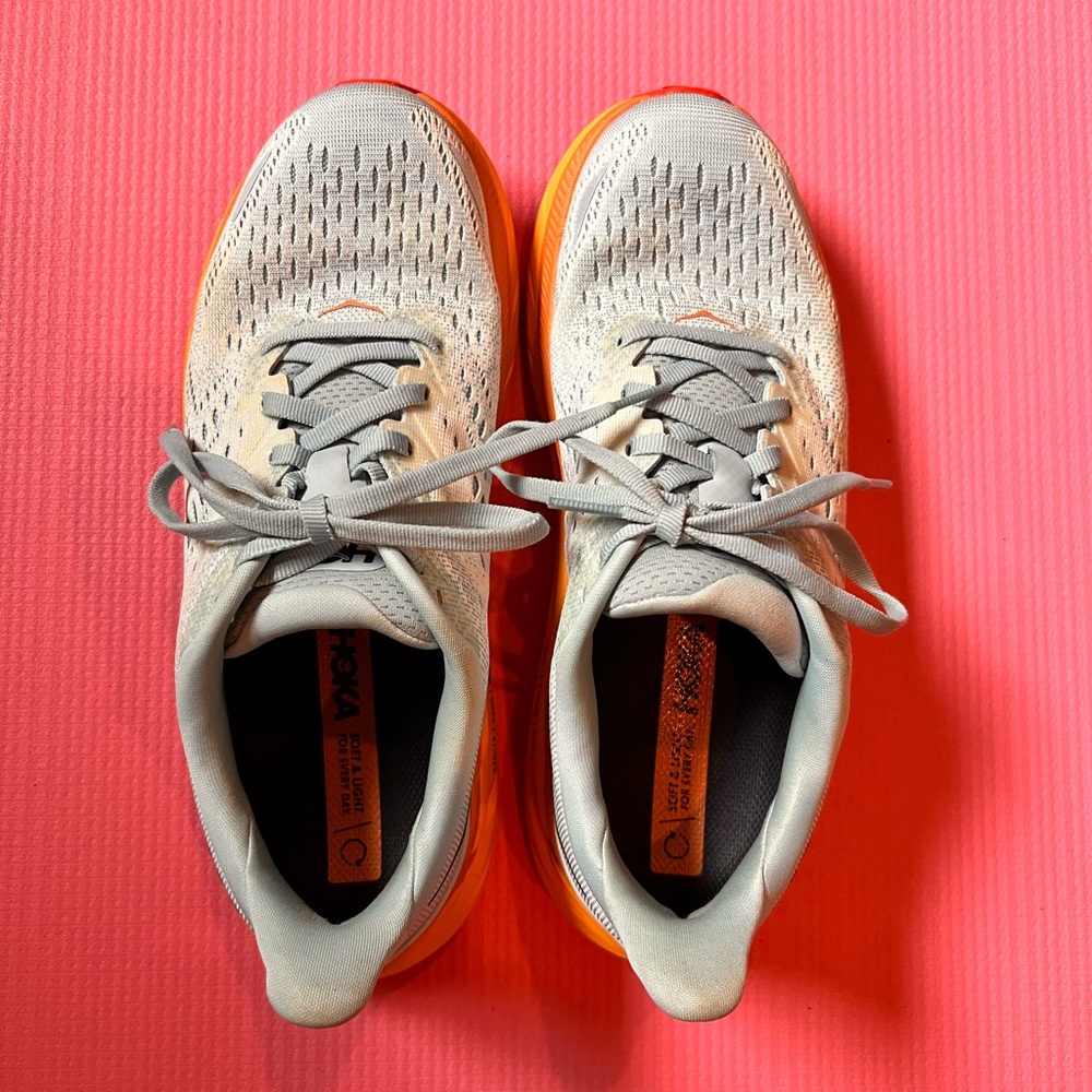 Hoka Light Blue and Orange Running Shoes
